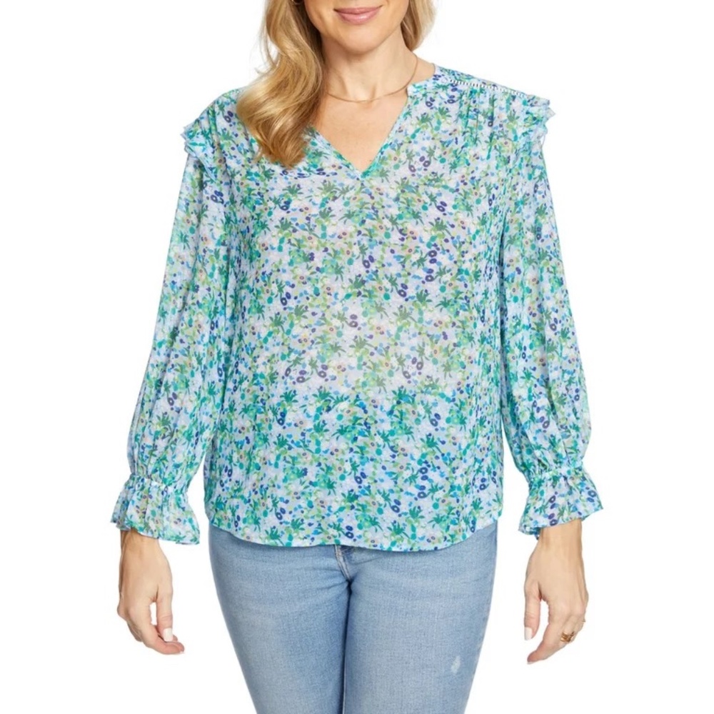 Copper & Ella Floral Ruffle Sleeve Blouse 1X Blue Green Split Neck EUC